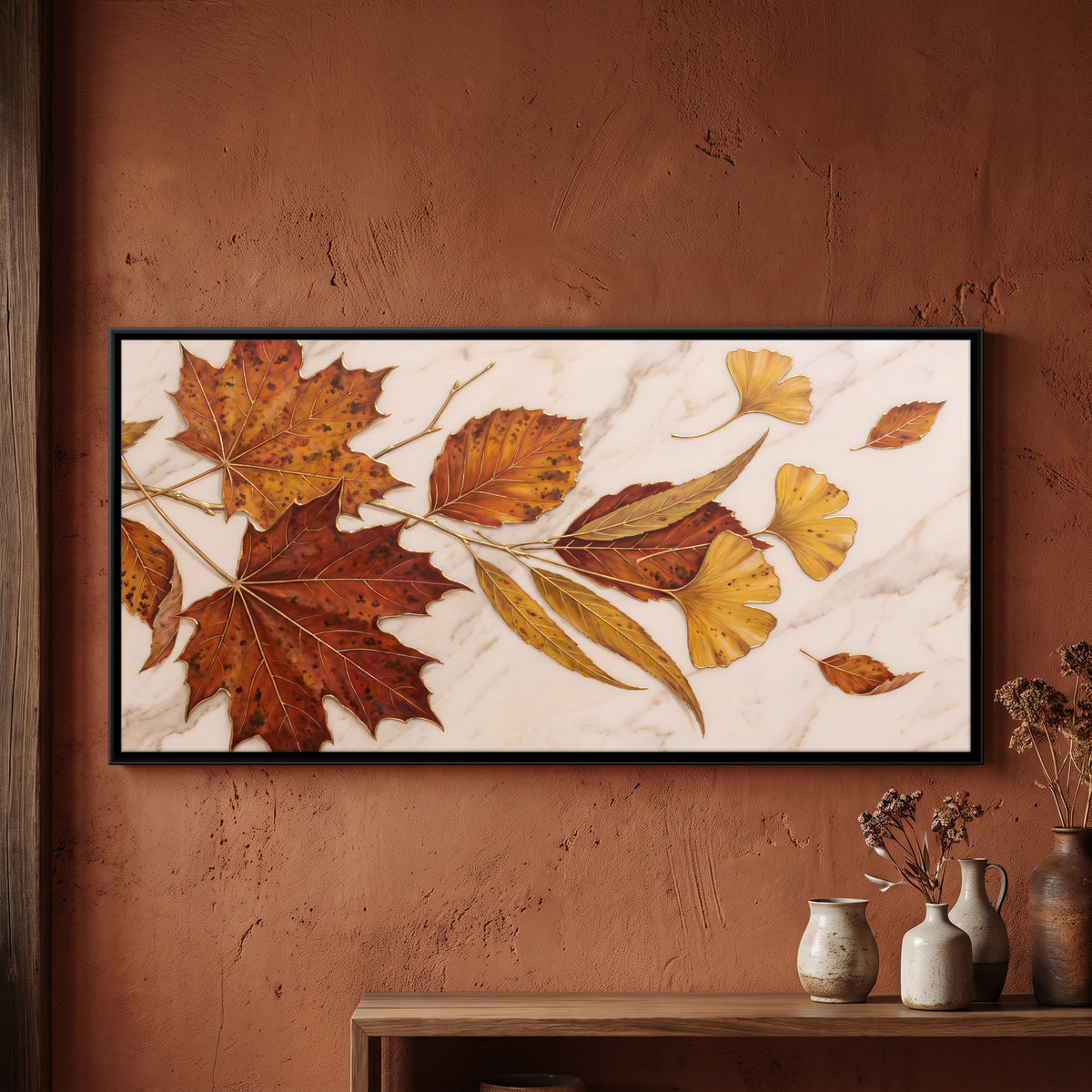 Autumn Leaves on Marble - framed canvas art hung on a wall