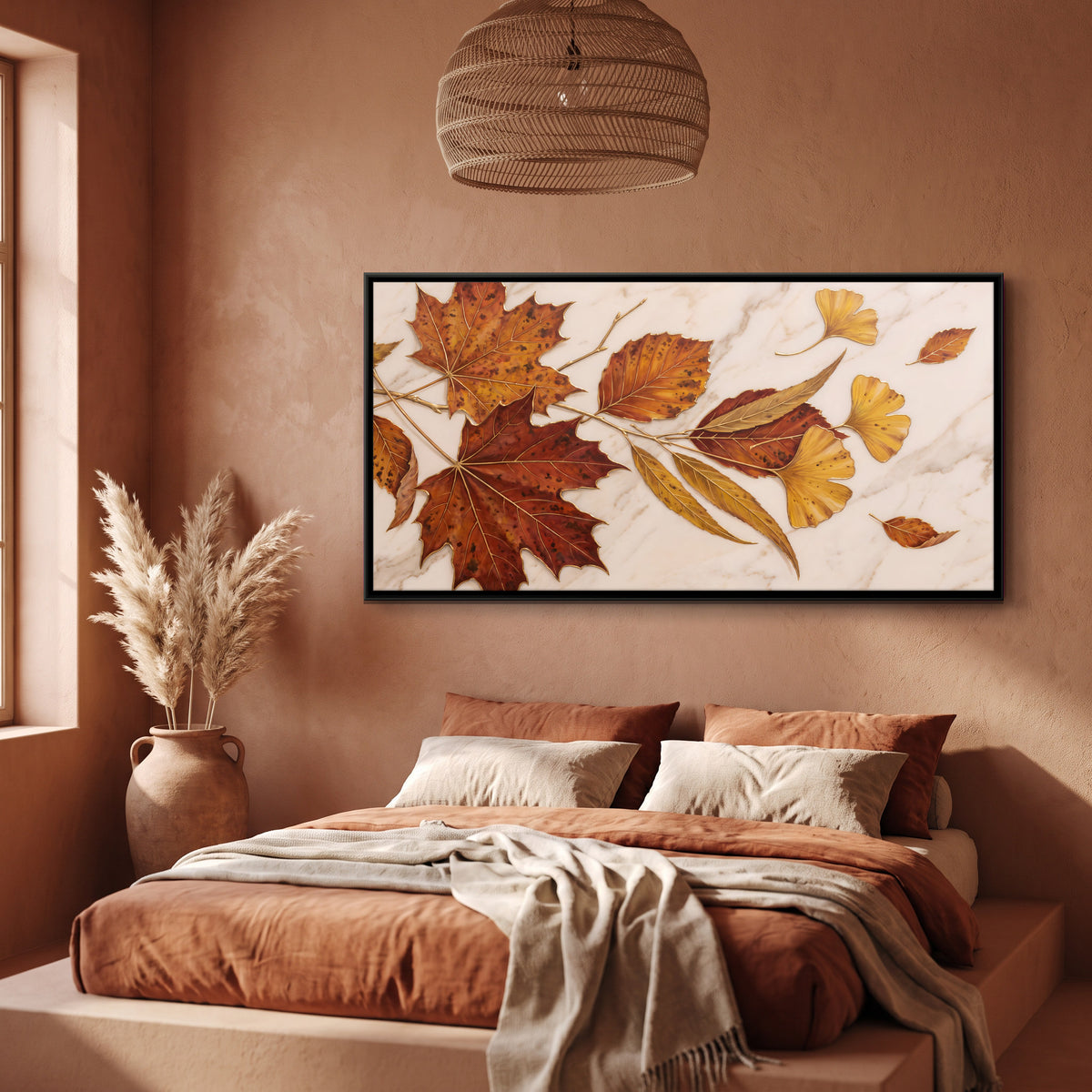 Autumn Leaves on Marble - canvas art shown in a styled room