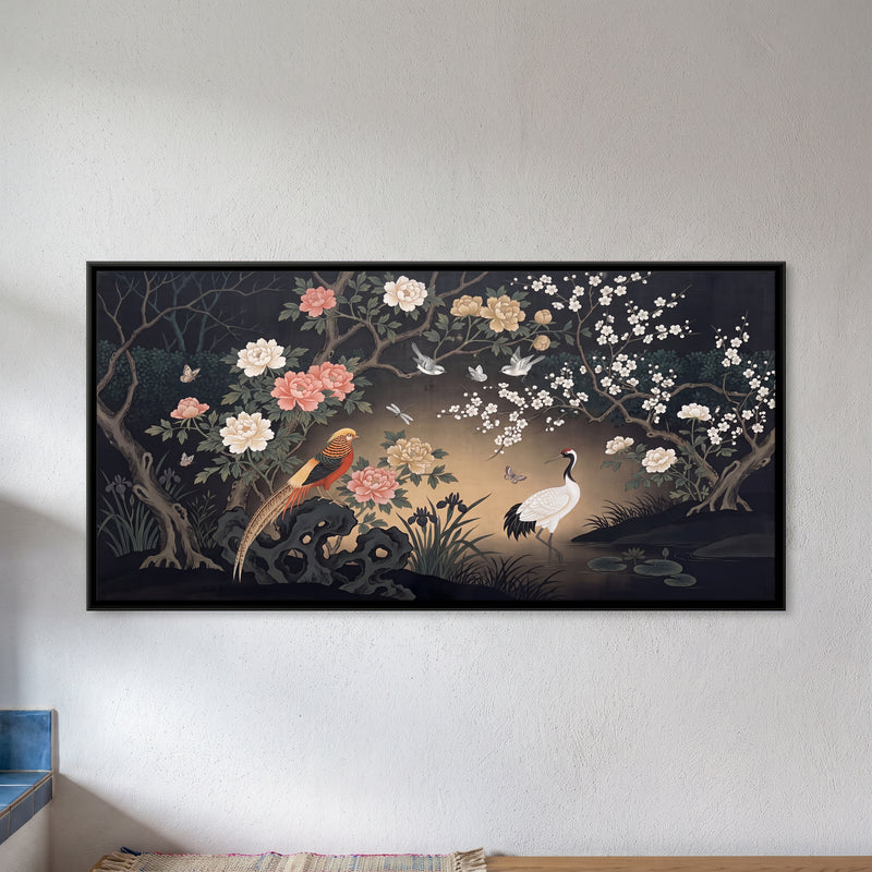 Pheasant and Crane in a Blossom Garden - framed canvas art hung on a wall