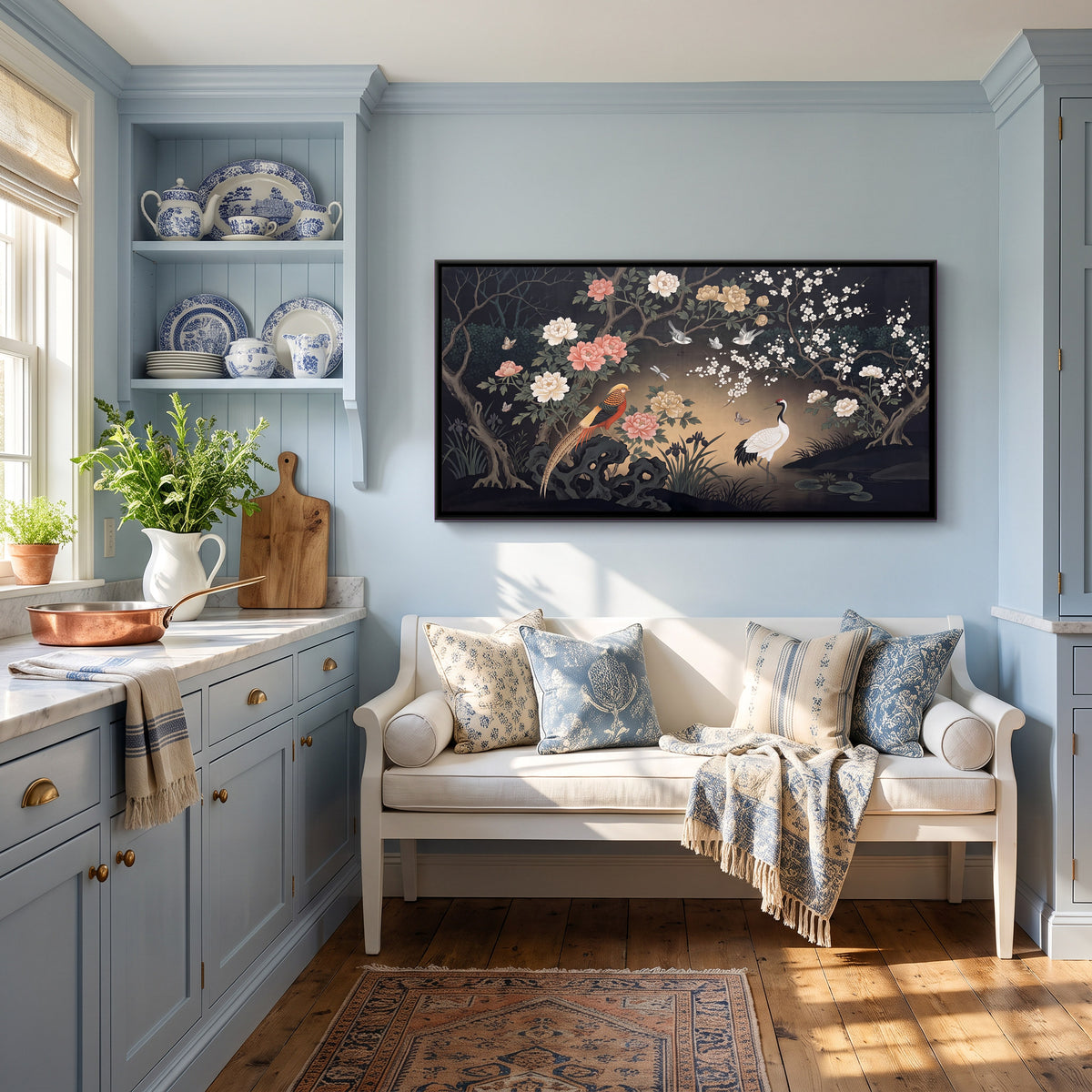 Pheasant and Crane in a Blossom Garden - canvas art shown in a second room setting