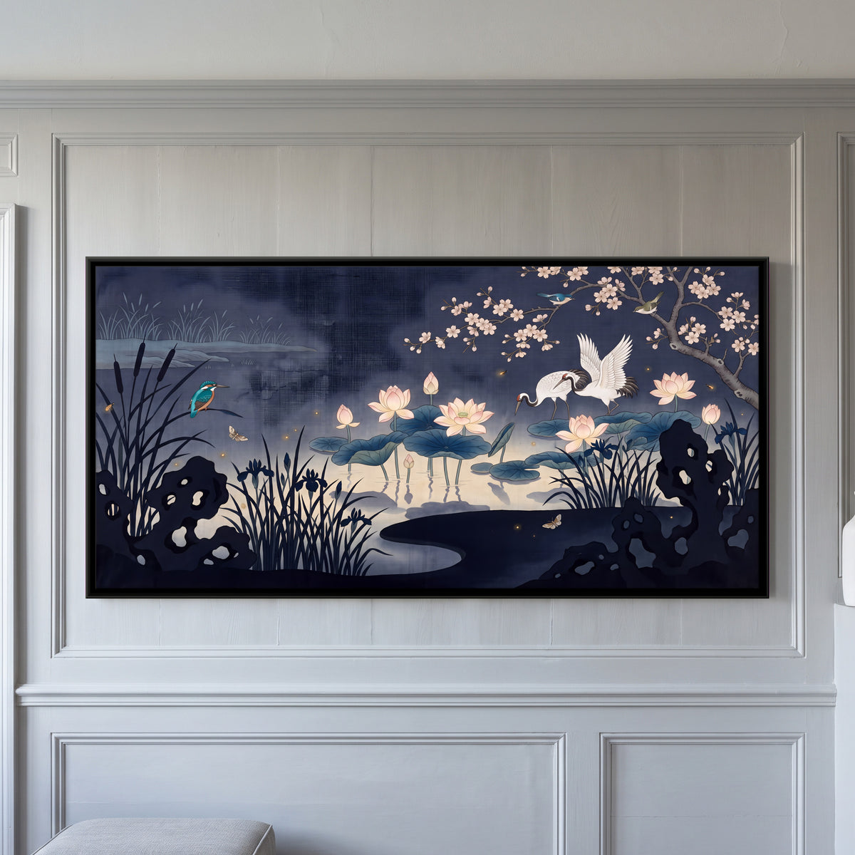 Cranes in a Lotus Pond - framed canvas art hung on a wall