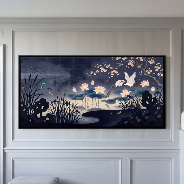 White Cranes in a Lotus Pond at Night
