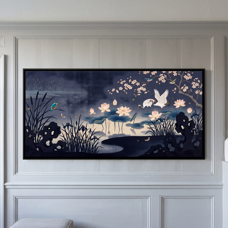 Cranes in a Lotus Pond - framed canvas art hung on a wall