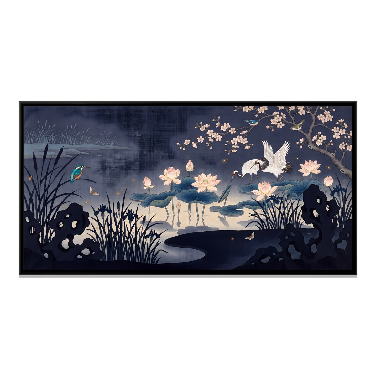 Cranes in a Lotus Pond - framed canvas print, front view
