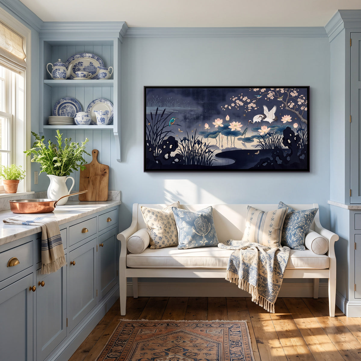 Cranes in a Lotus Pond - canvas art shown in a styled room