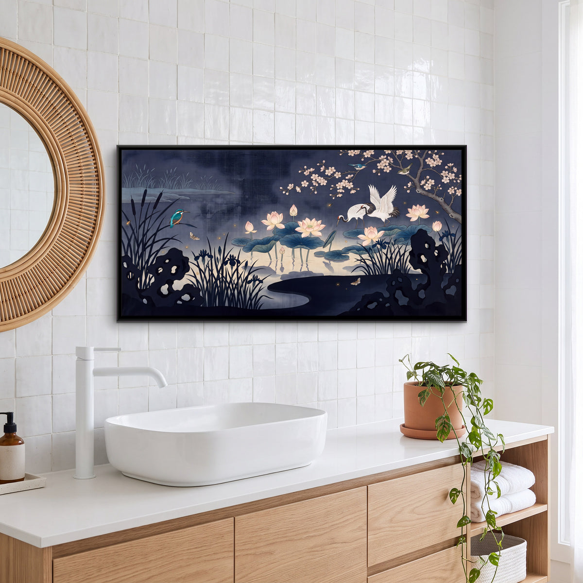 Cranes in a Lotus Pond - canvas art shown in a second room setting