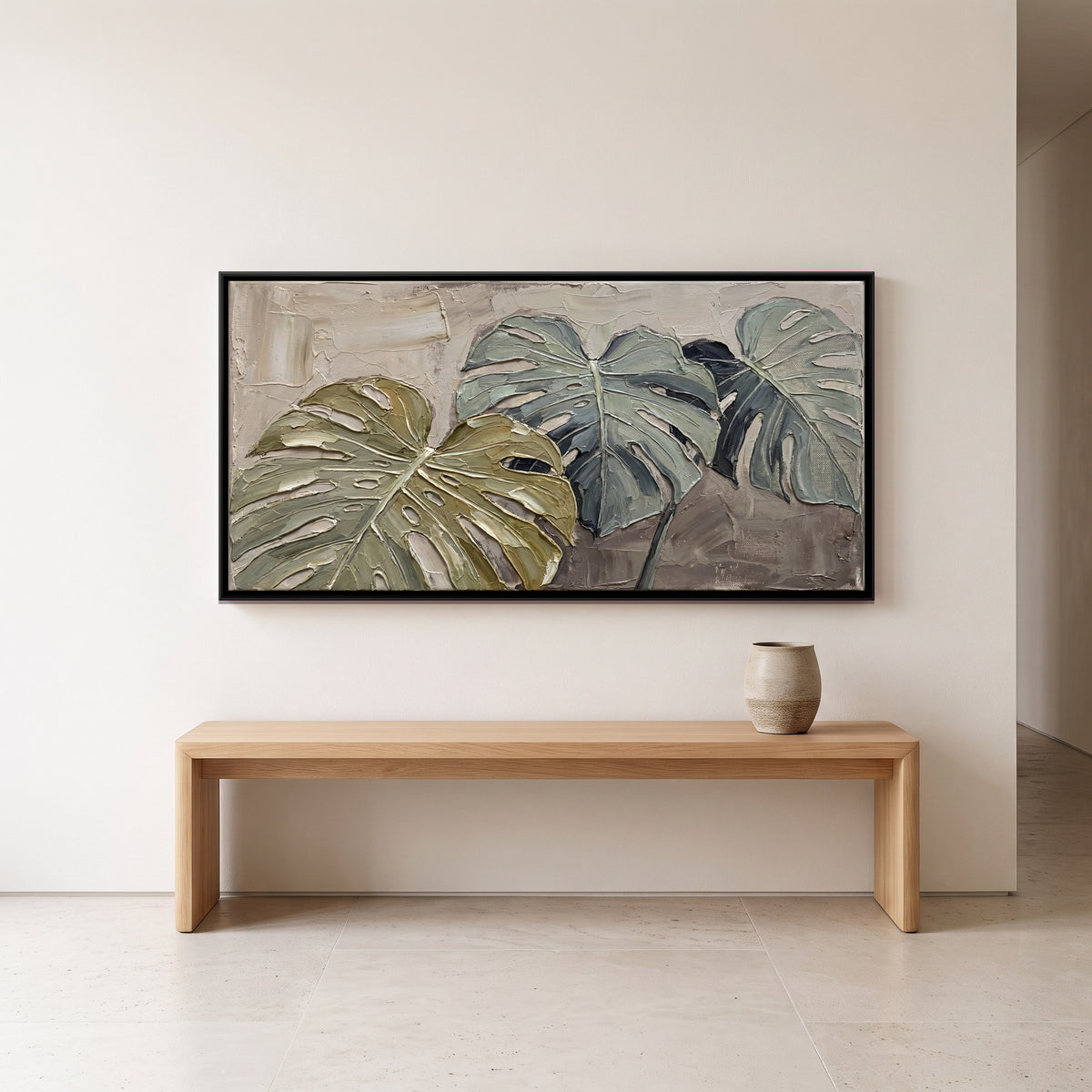 Sage Monstera Leaves - canvas art shown in a second room setting