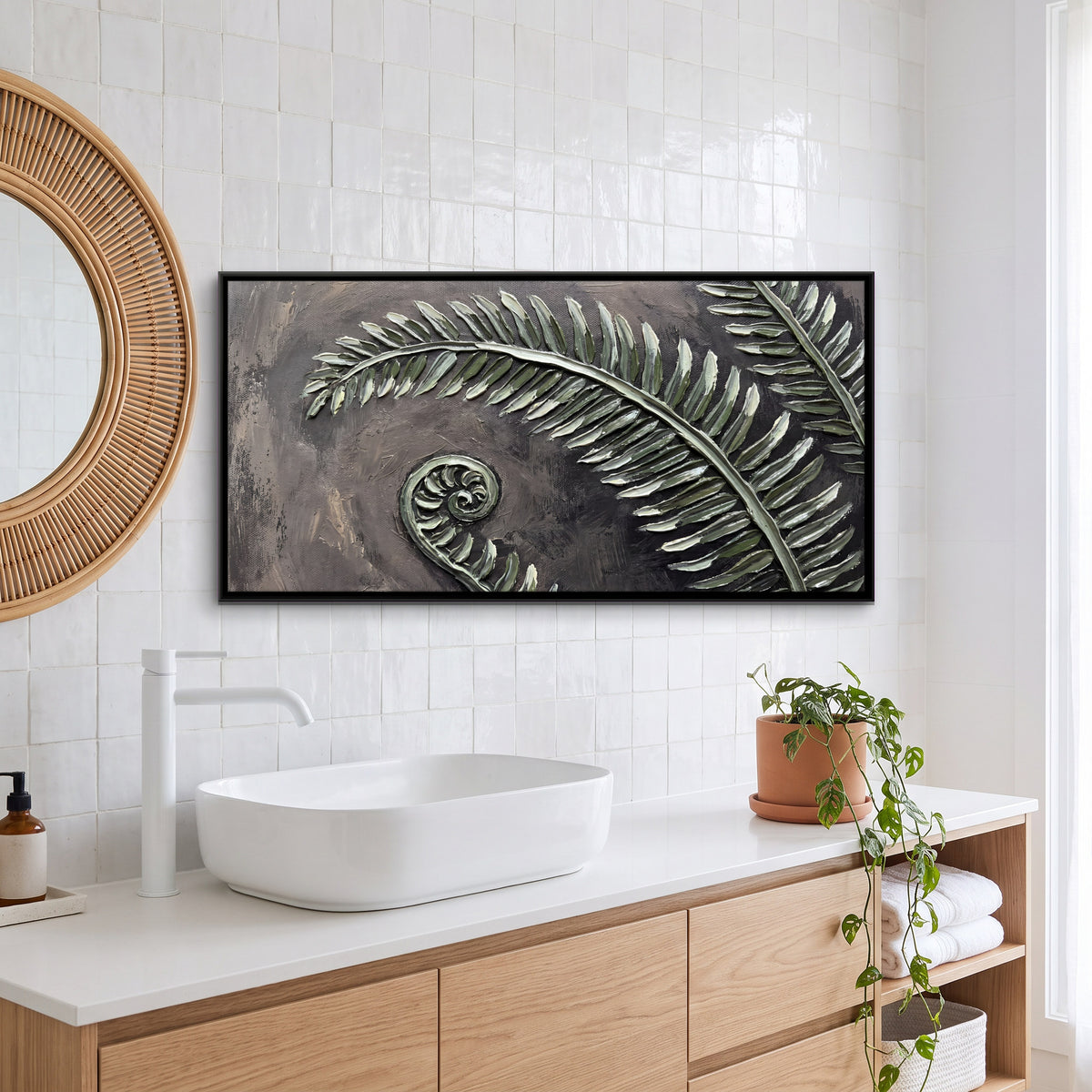 Fern Fronds and Fiddlehead - canvas art shown in a styled room