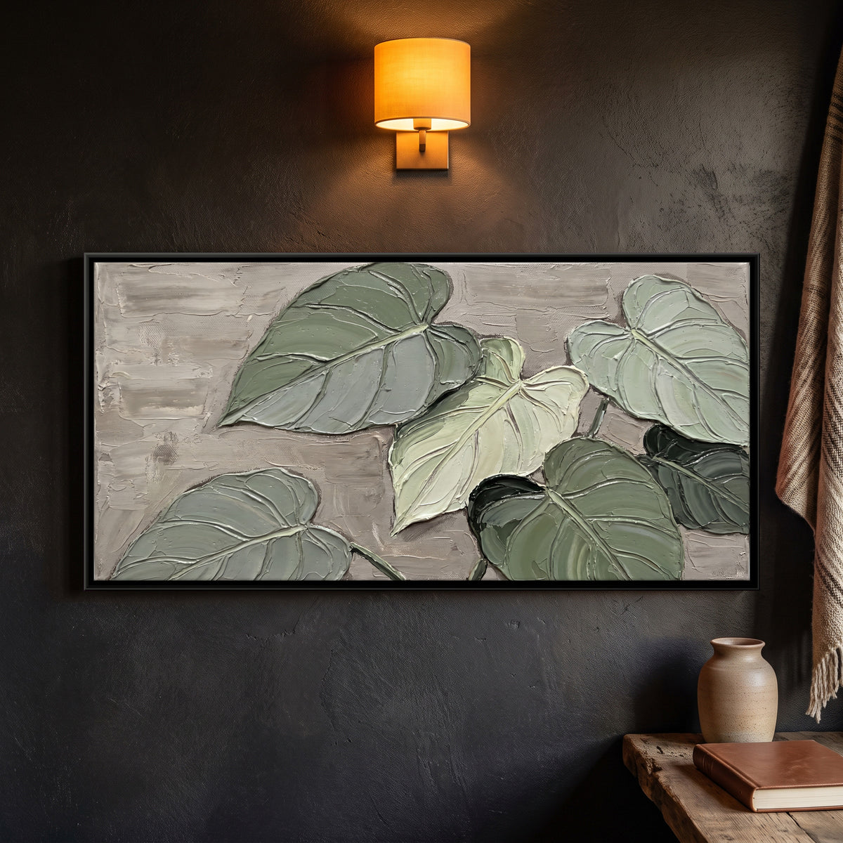 Heart Shaped Leaves in Sage - framed canvas art hung on a wall