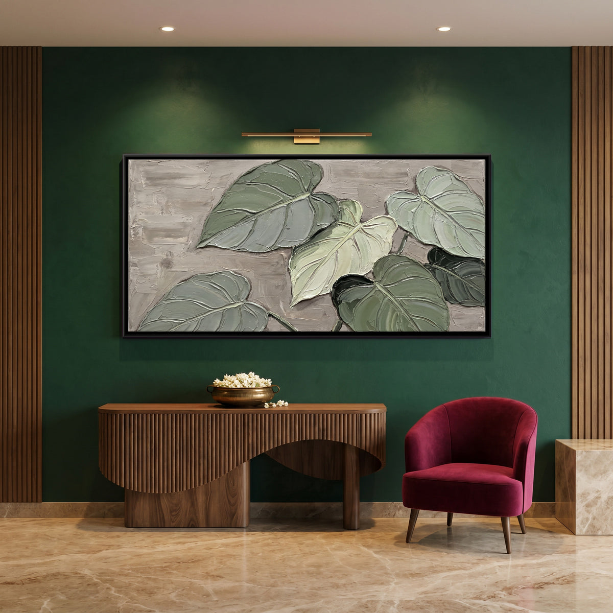 Heart Shaped Leaves in Sage - canvas art shown in a styled room