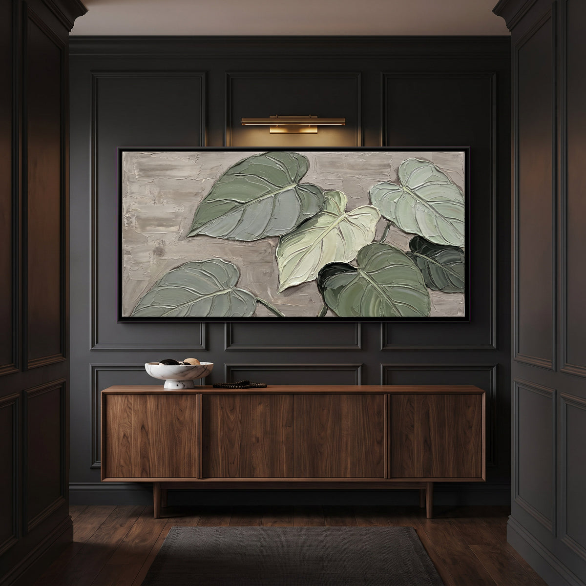 Heart Shaped Leaves in Sage - canvas art shown in a second room setting