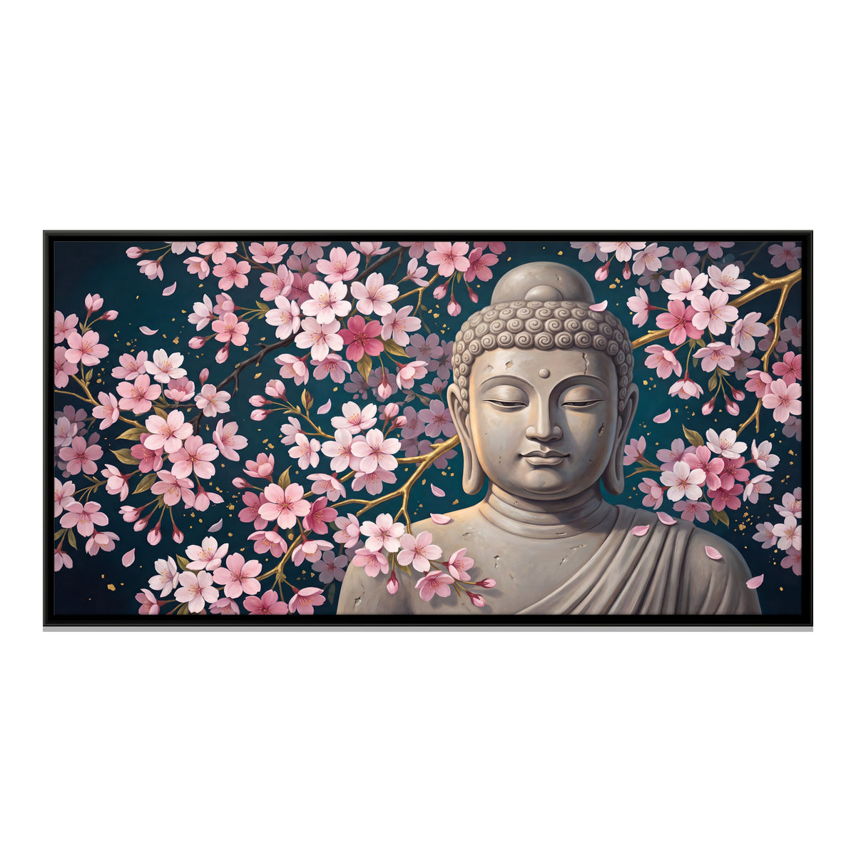 Buddha with Cherry Blossoms - framed canvas print, front view