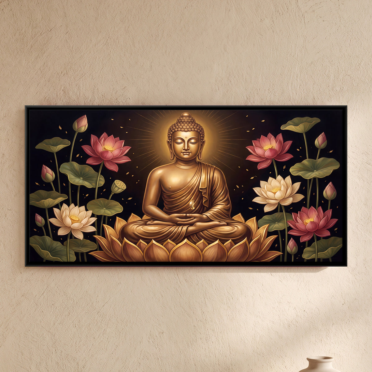 Golden Buddha with Lotuses - framed canvas art hung on a wall