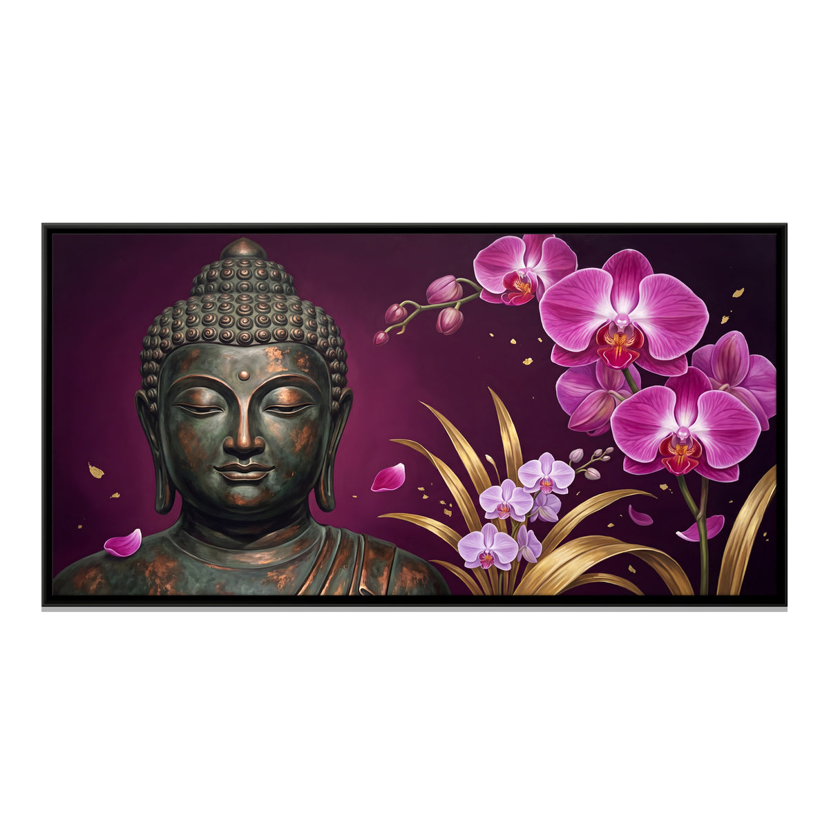 Buddha with Pink Orchids - framed canvas print, front view