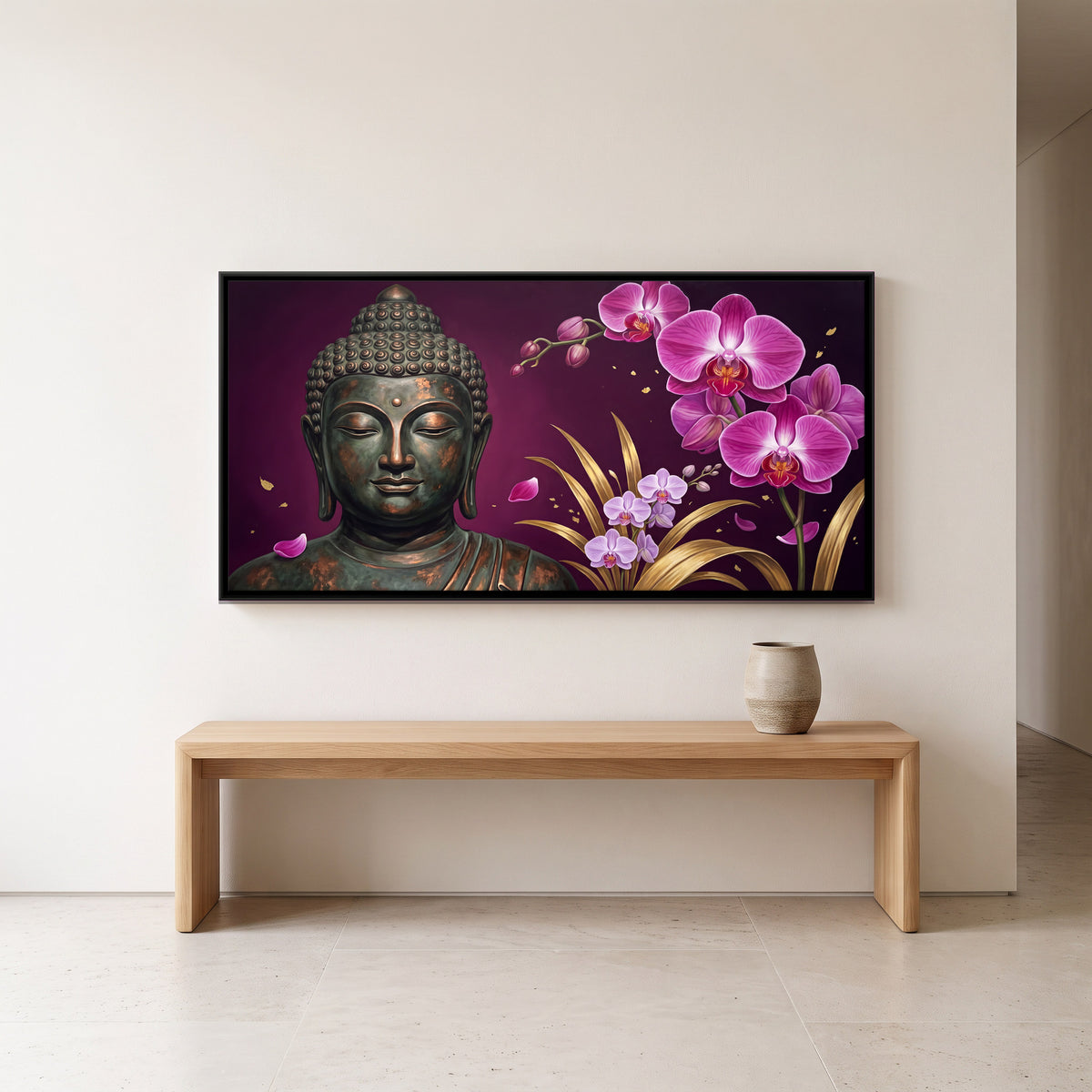 Buddha with Pink Orchids - canvas art shown in a styled room