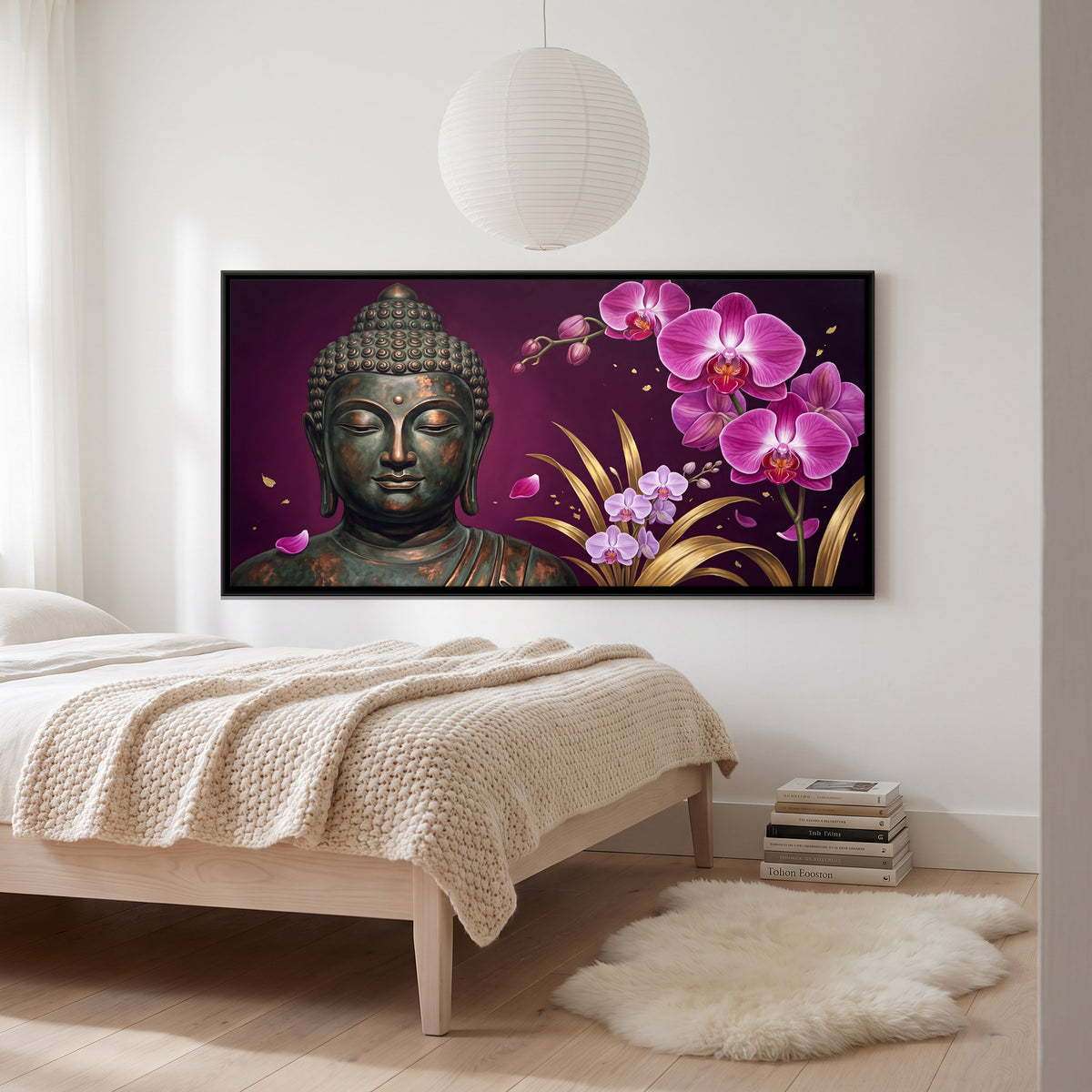 Buddha with Pink Orchids - canvas art shown in a second room setting