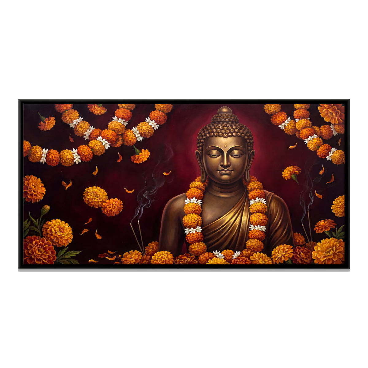 Buddha with Marigold Garlands - framed canvas print, front view