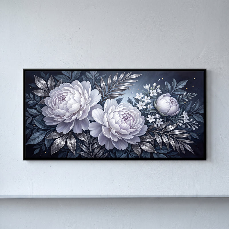 White Peonies on Navy - framed canvas art hung on a wall
