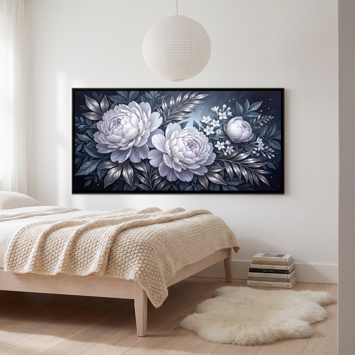 White Peonies on Navy - canvas art shown in a second room setting
