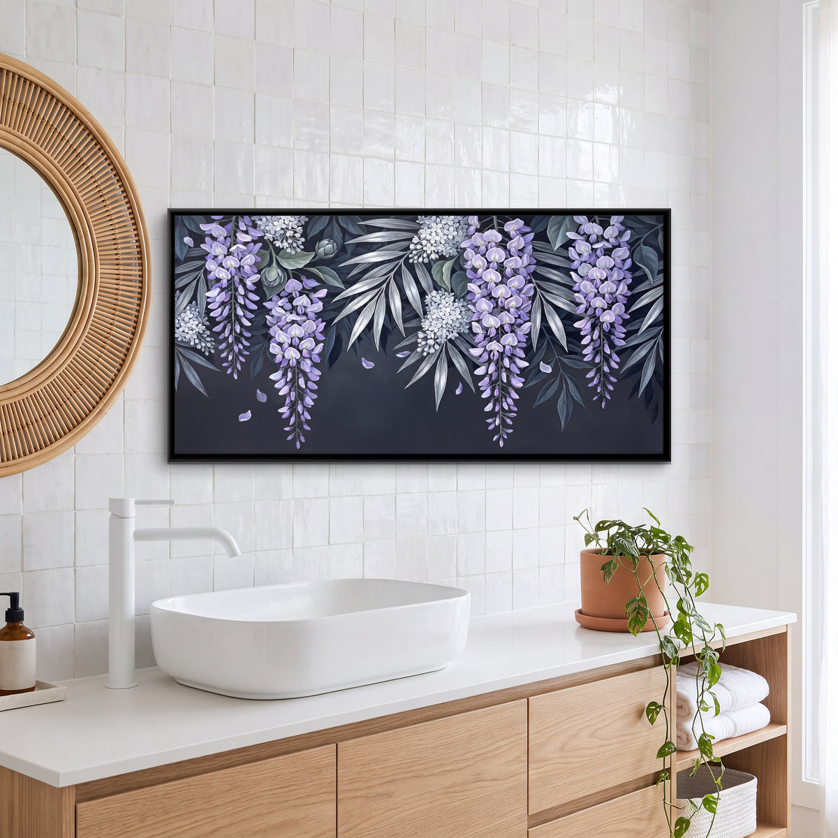 Cascading Wisteria - canvas art shown in a styled room