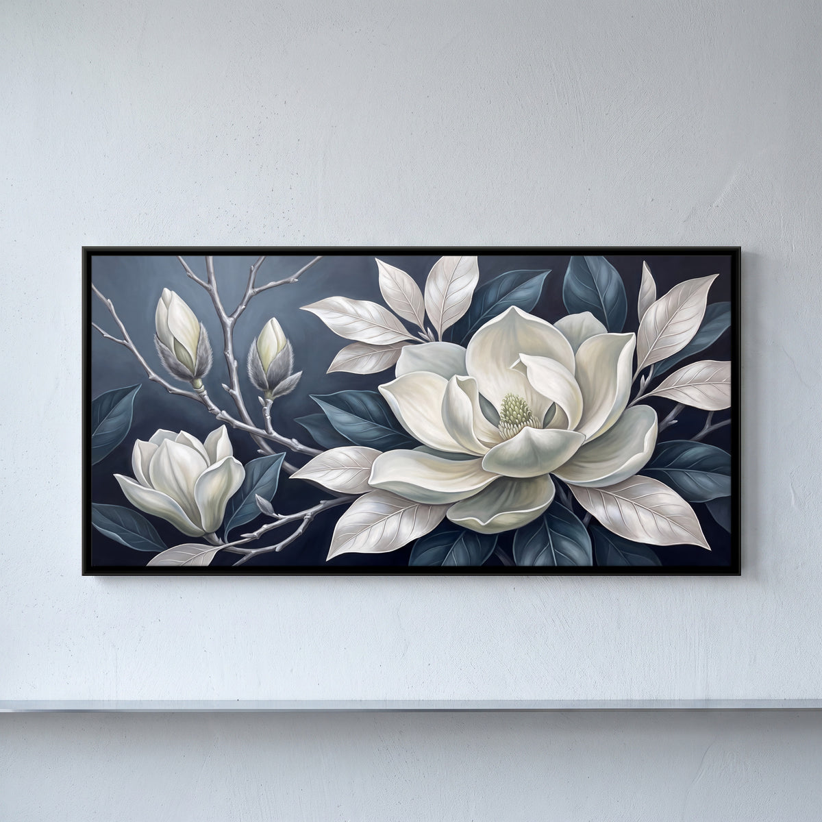 White Magnolia Blossoms - framed canvas art hung on a wall