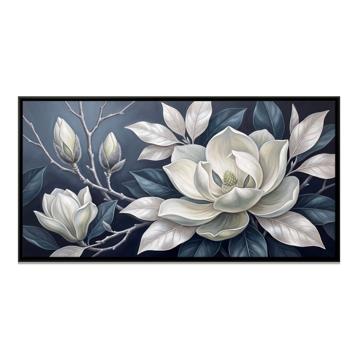 White Magnolia Blossoms - framed canvas print, front view