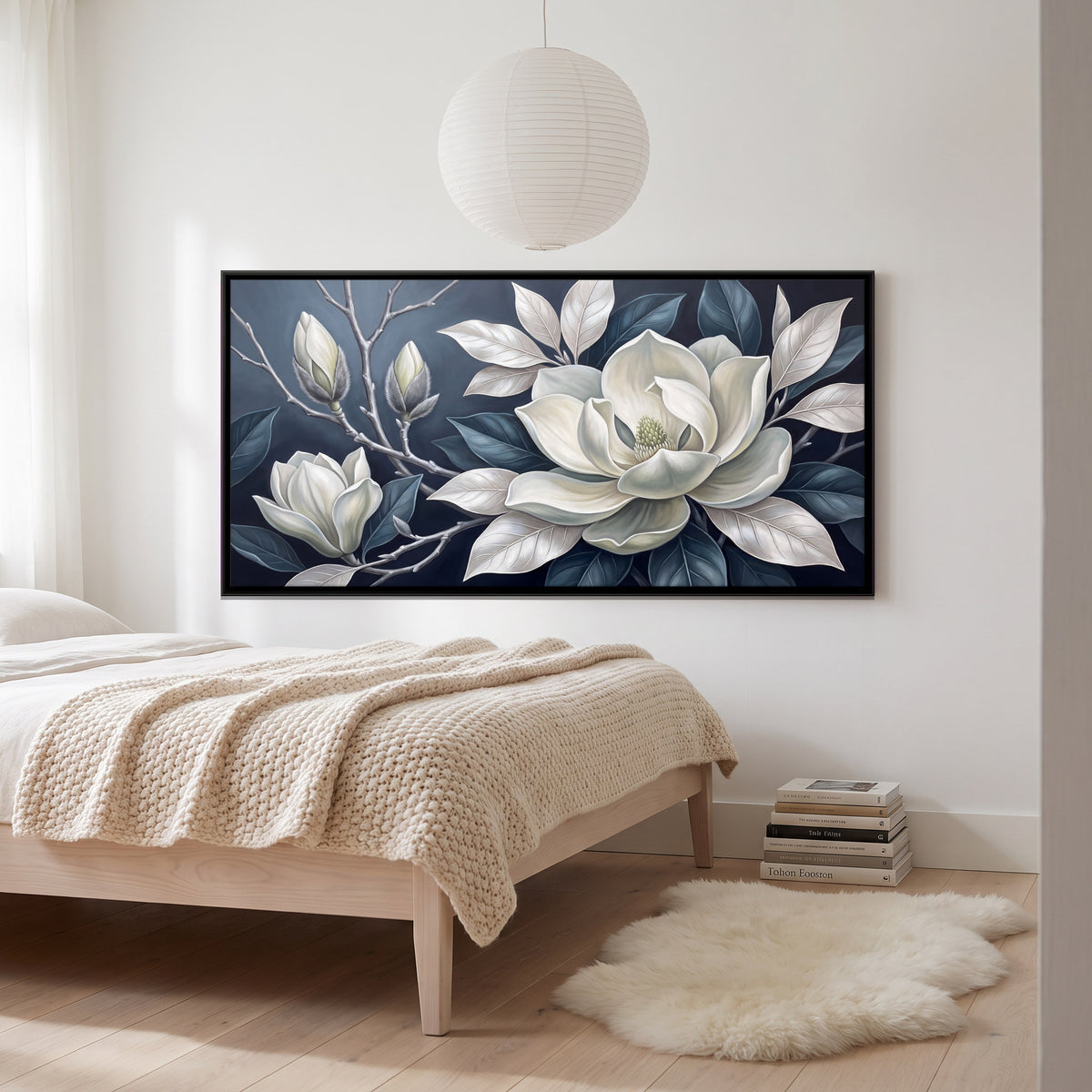 White Magnolia Blossoms - canvas art shown in a second room setting