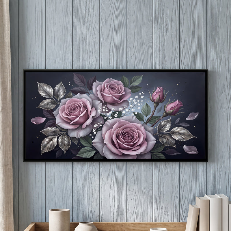 Mauve Roses on Charcoal - framed canvas art hung on a wall