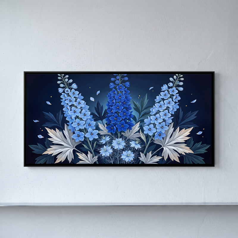 Blue Delphiniums - framed canvas art hung on a wall