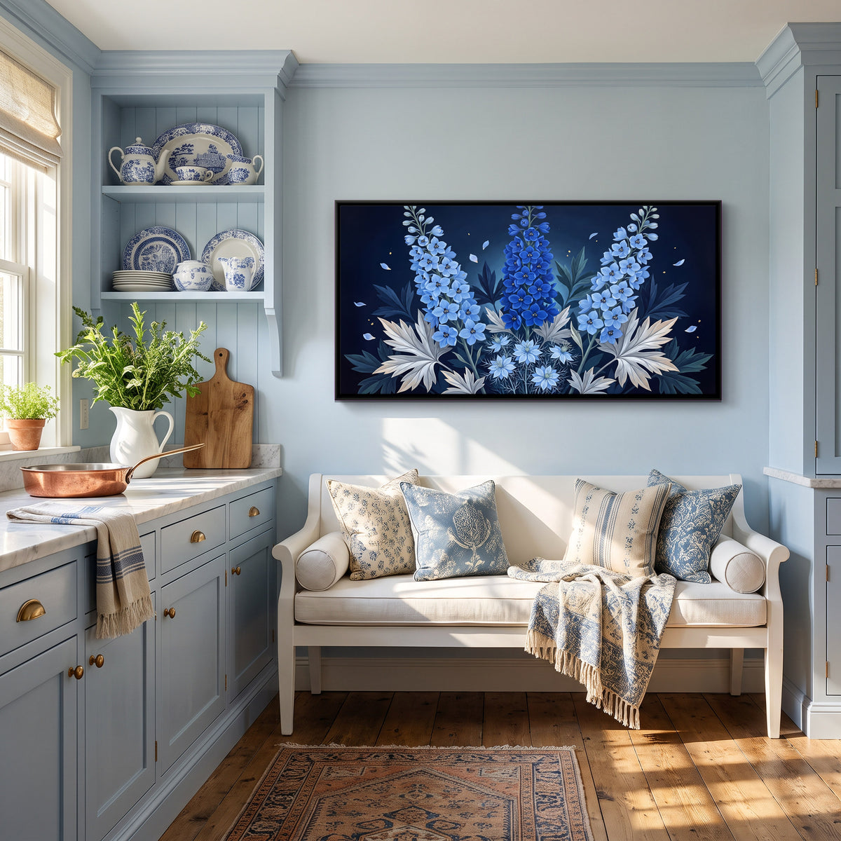 Blue Delphiniums - canvas art shown in a second room setting