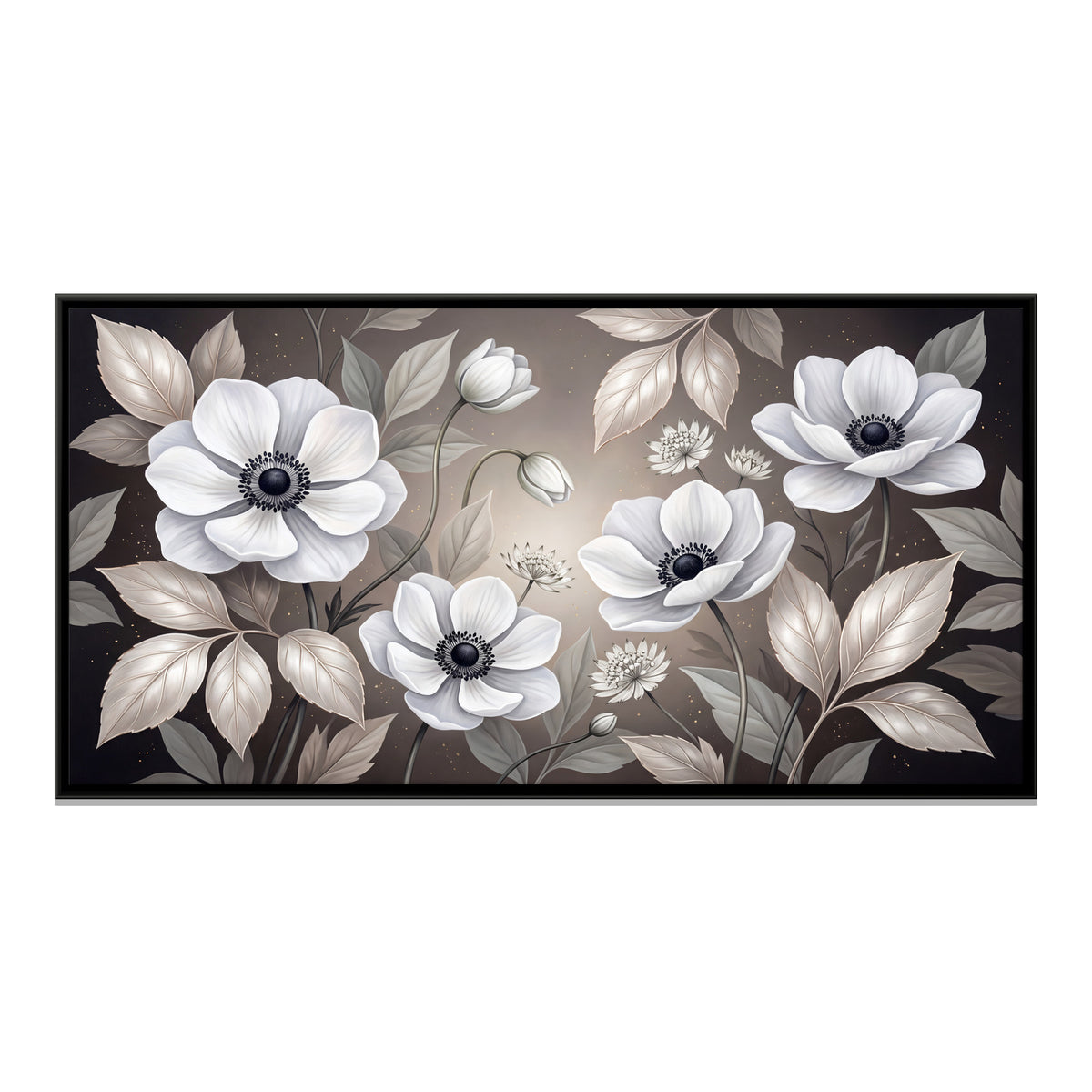 White Anemones on Taupe - framed canvas print, front view