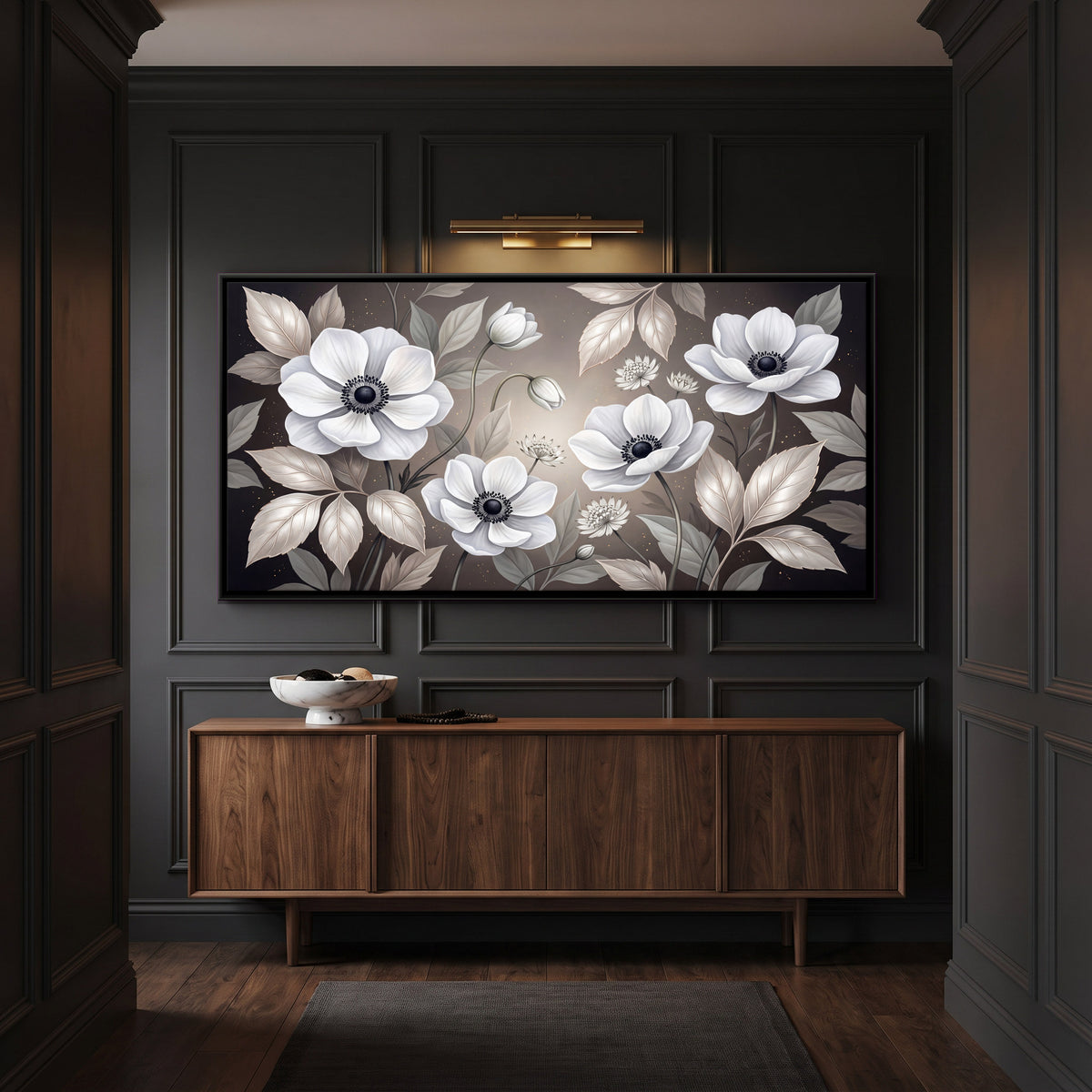 White Anemones on Taupe - canvas art shown in a second room setting
