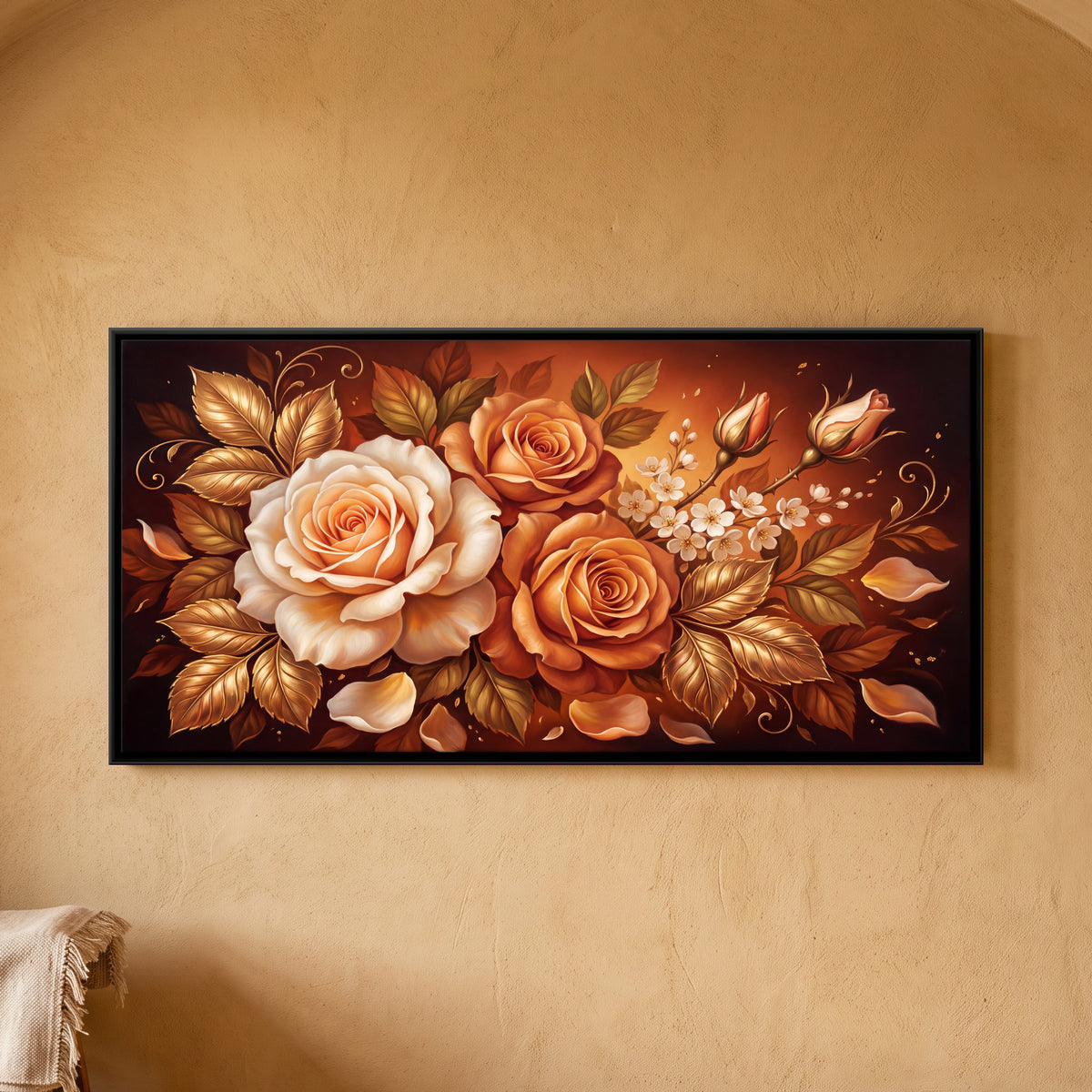 Peach Roses on Terracotta - framed canvas art hung on a wall