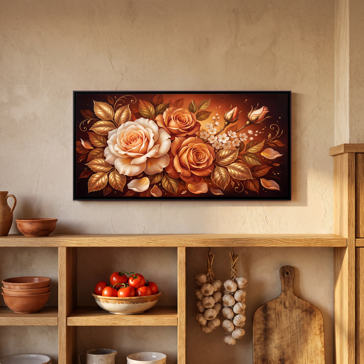 Peach Roses on Terracotta - canvas art shown in a styled room