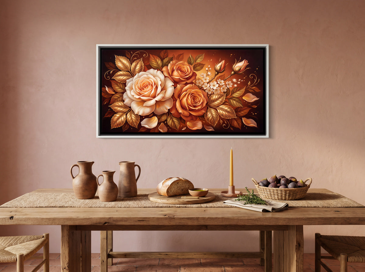 Peach Roses on Terracotta - canvas art shown in a second room setting