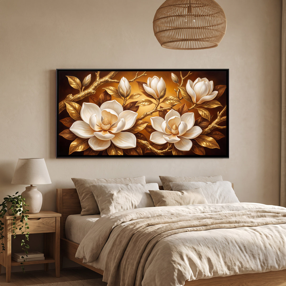 White Magnolias on Gold - canvas art shown in a second room setting