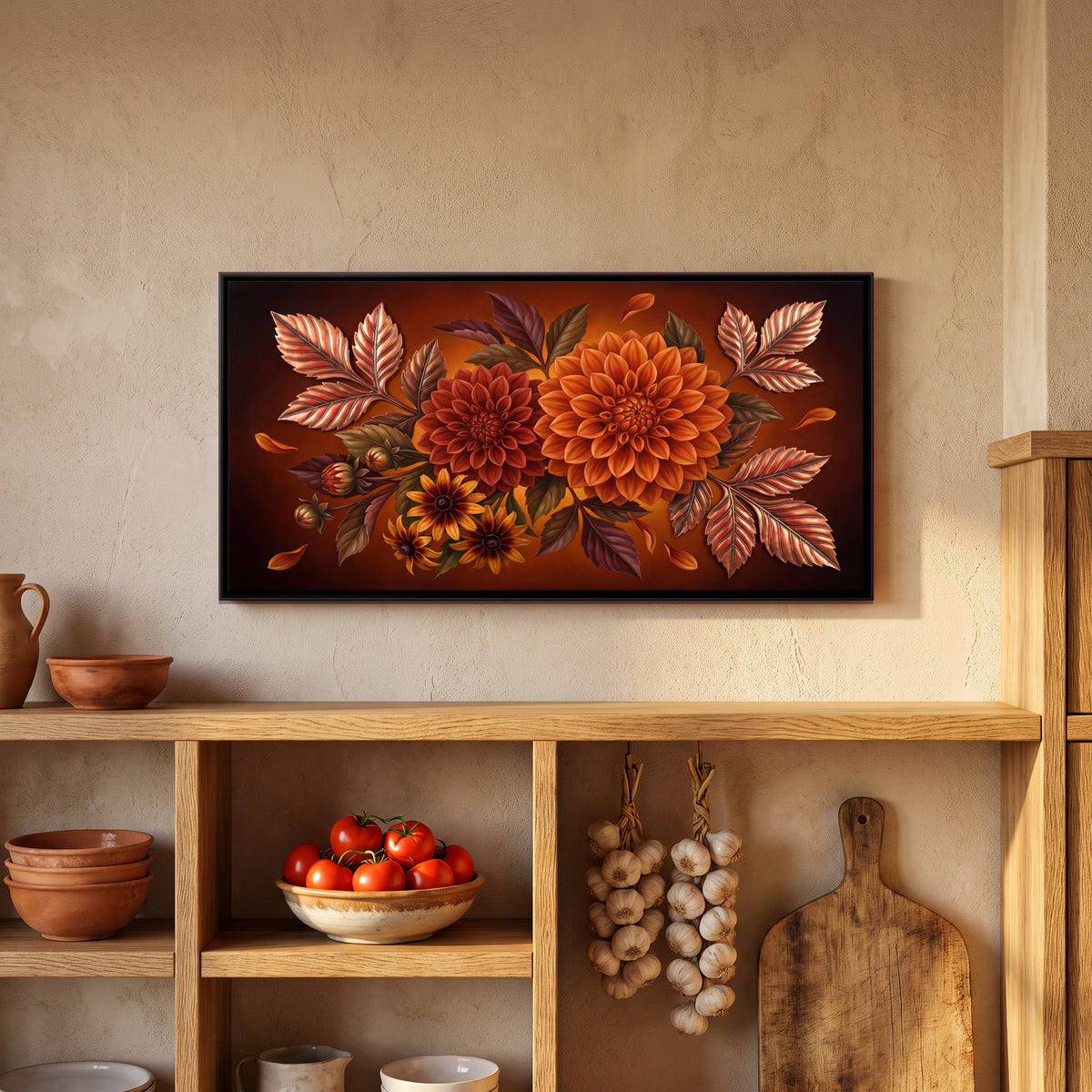 Red and Orange Dahlias - canvas art shown in a second room setting