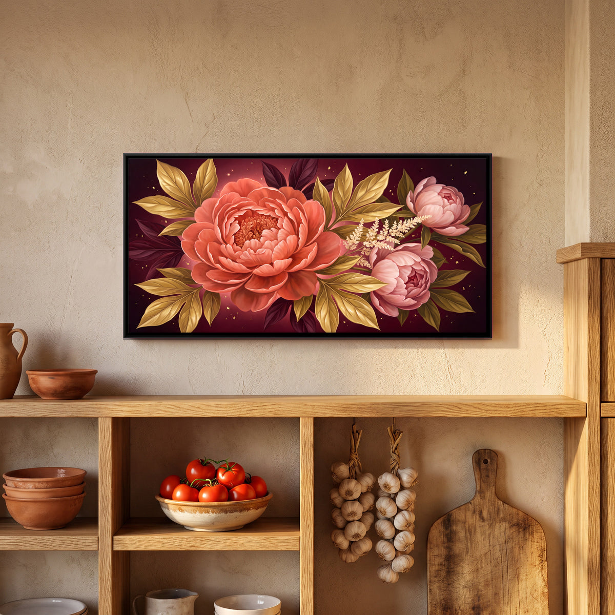 Coral and Pink Peonies - canvas art shown in a styled room