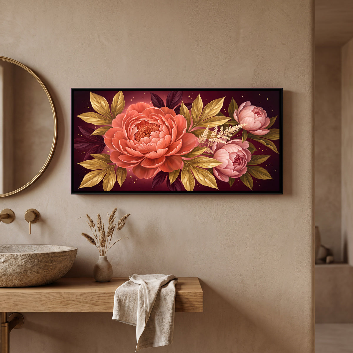 Coral and Pink Peonies - canvas art shown in a second room setting