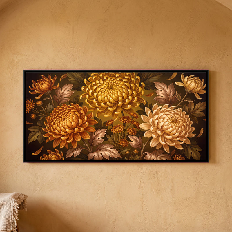 Golden Chrysanthemums - framed canvas art hung on a wall