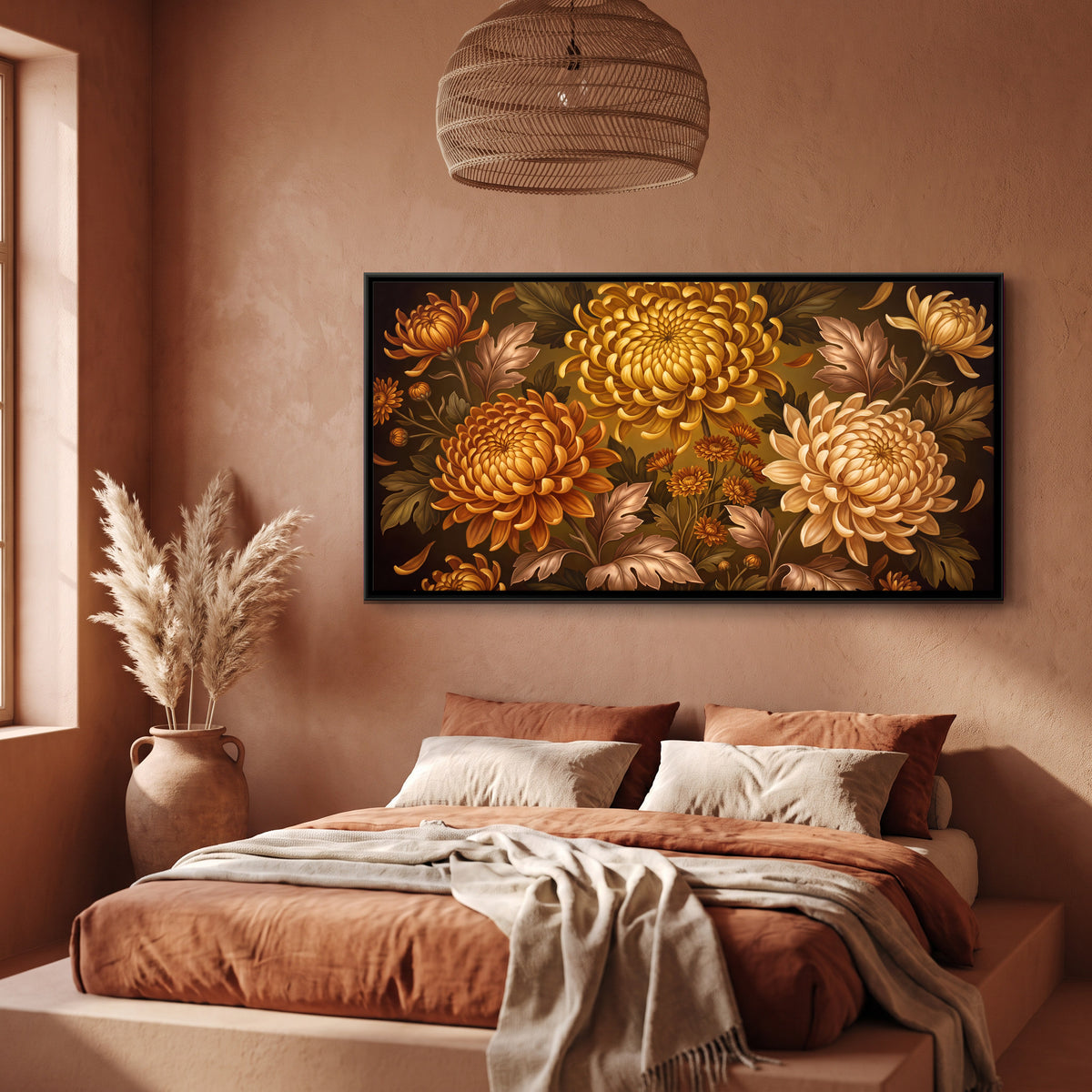 Golden Chrysanthemums - canvas art shown in a second room setting