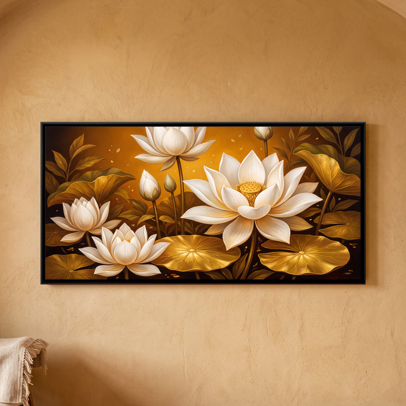 White Lotus on Gold - framed canvas art hung on a wall