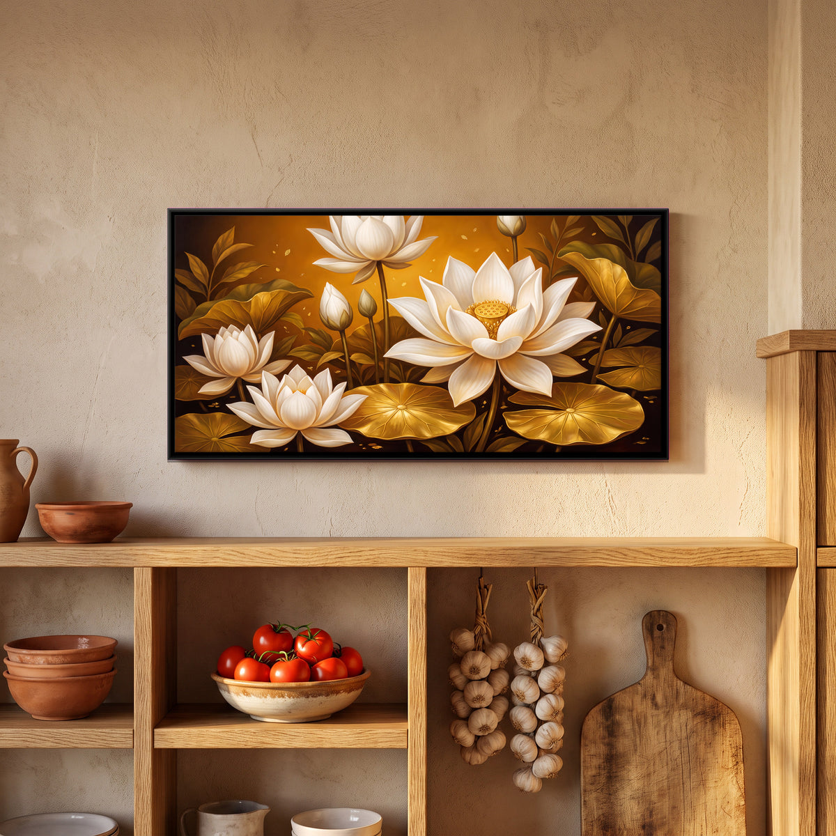 White Lotus on Gold - canvas art shown in a styled room