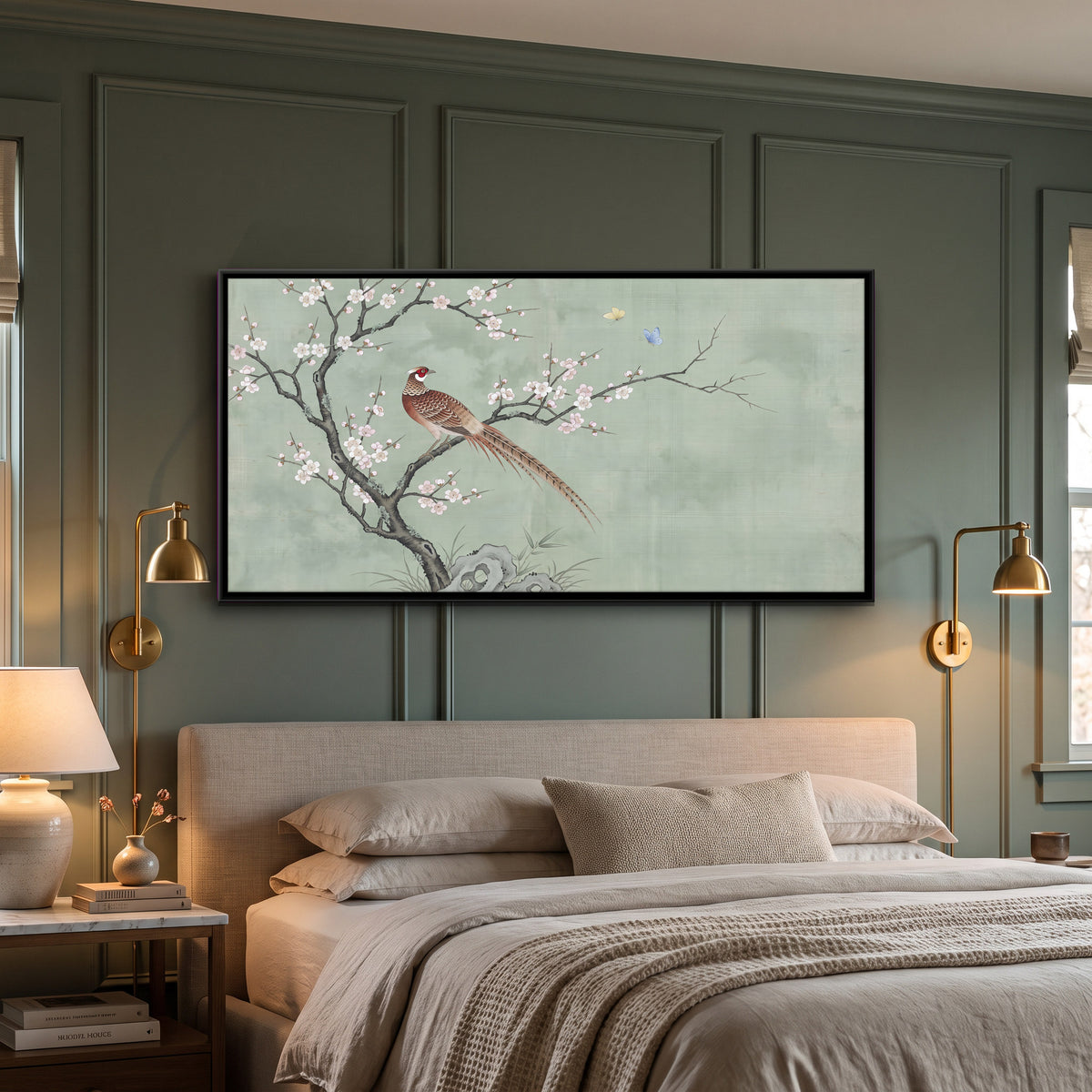Pheasant on a Blossoming Branch - canvas art shown in a styled room