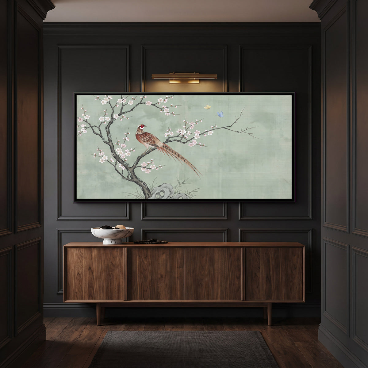 Pheasant on a Blossoming Branch - canvas art shown in a second room setting