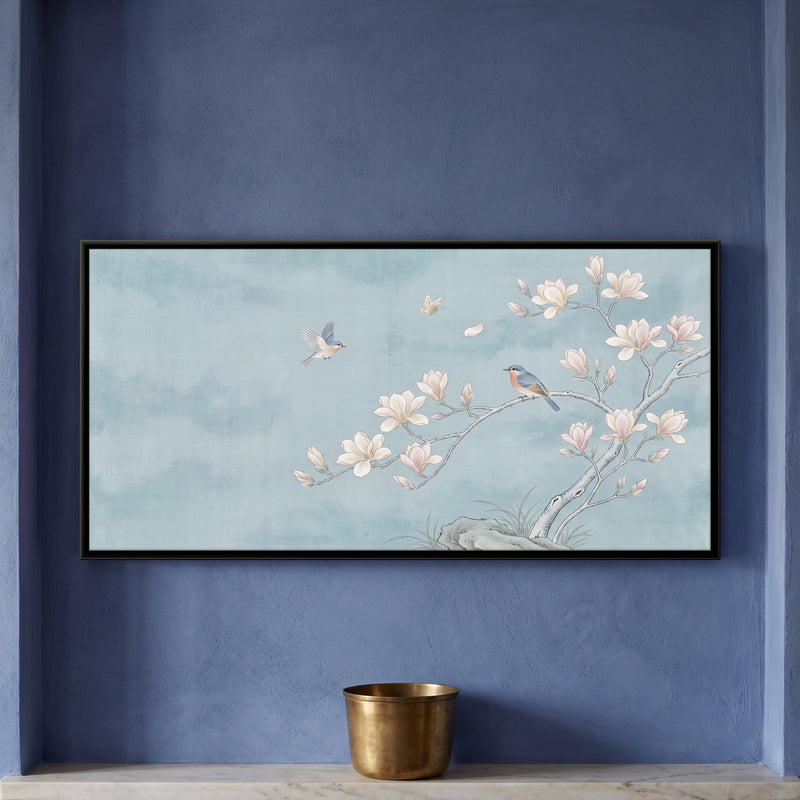 Birds on a Magnolia Branch - framed canvas art hung on a wall