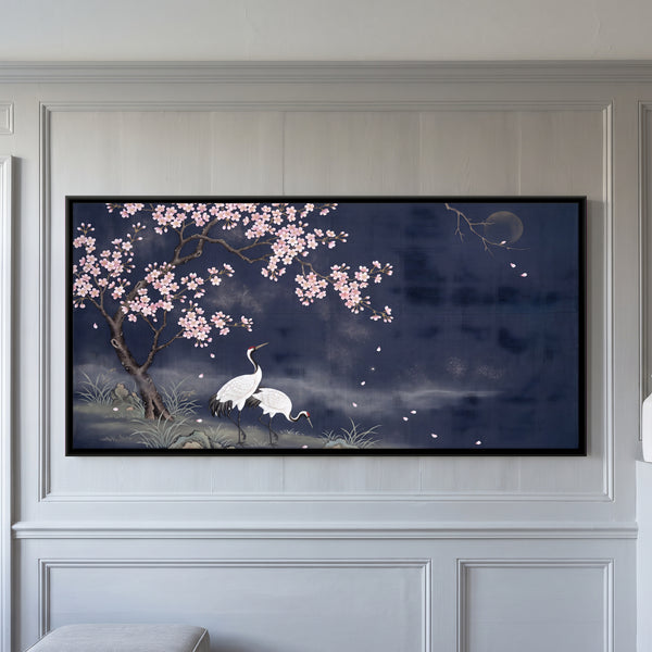Cranes Beneath Moonlit Cherry Blossom