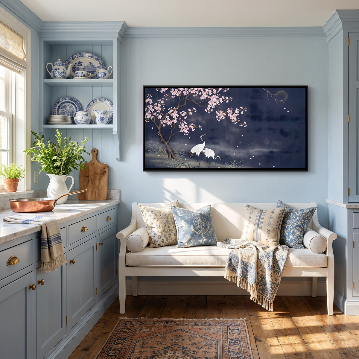 Cranes Beneath Moonlit Cherry Blossom - canvas art shown in a styled room