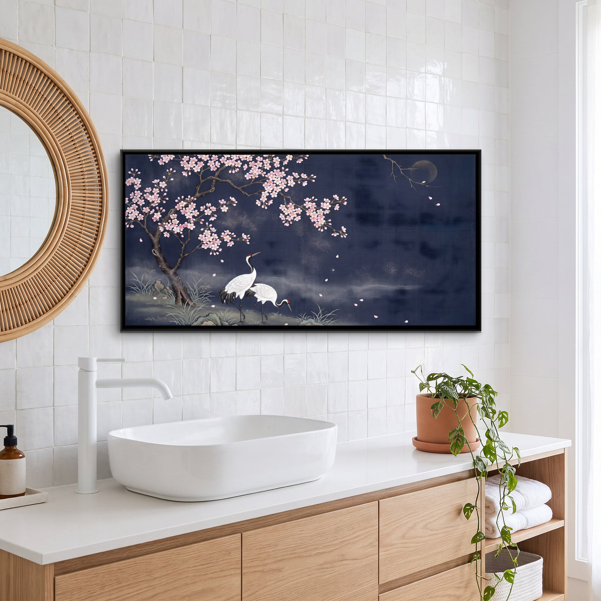 Cranes Beneath Moonlit Cherry Blossom - canvas art shown in a second room setting