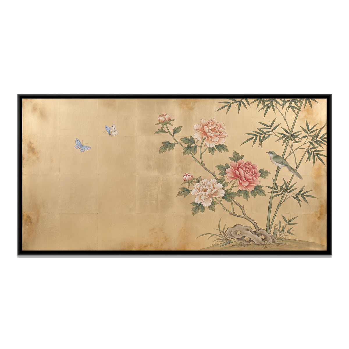 Peonies and Bamboo with a Bird - framed canvas print, front view